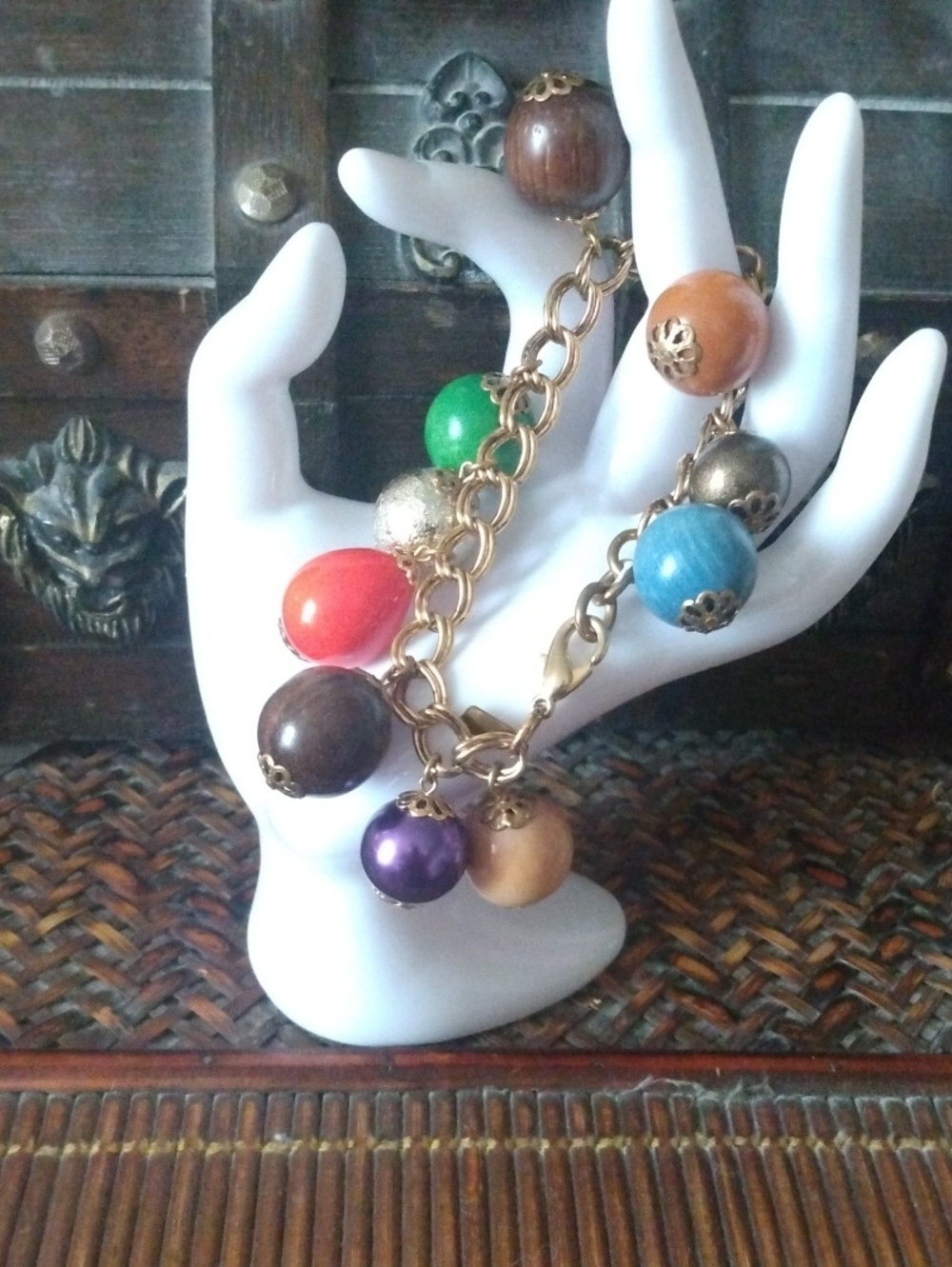 Multicolor Bead Charm Bracelet - Gold Tone Vintage Women Jewelry Size 8